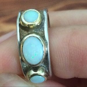 Gold Over Sterling Textured Three Opal Oval Ring Band